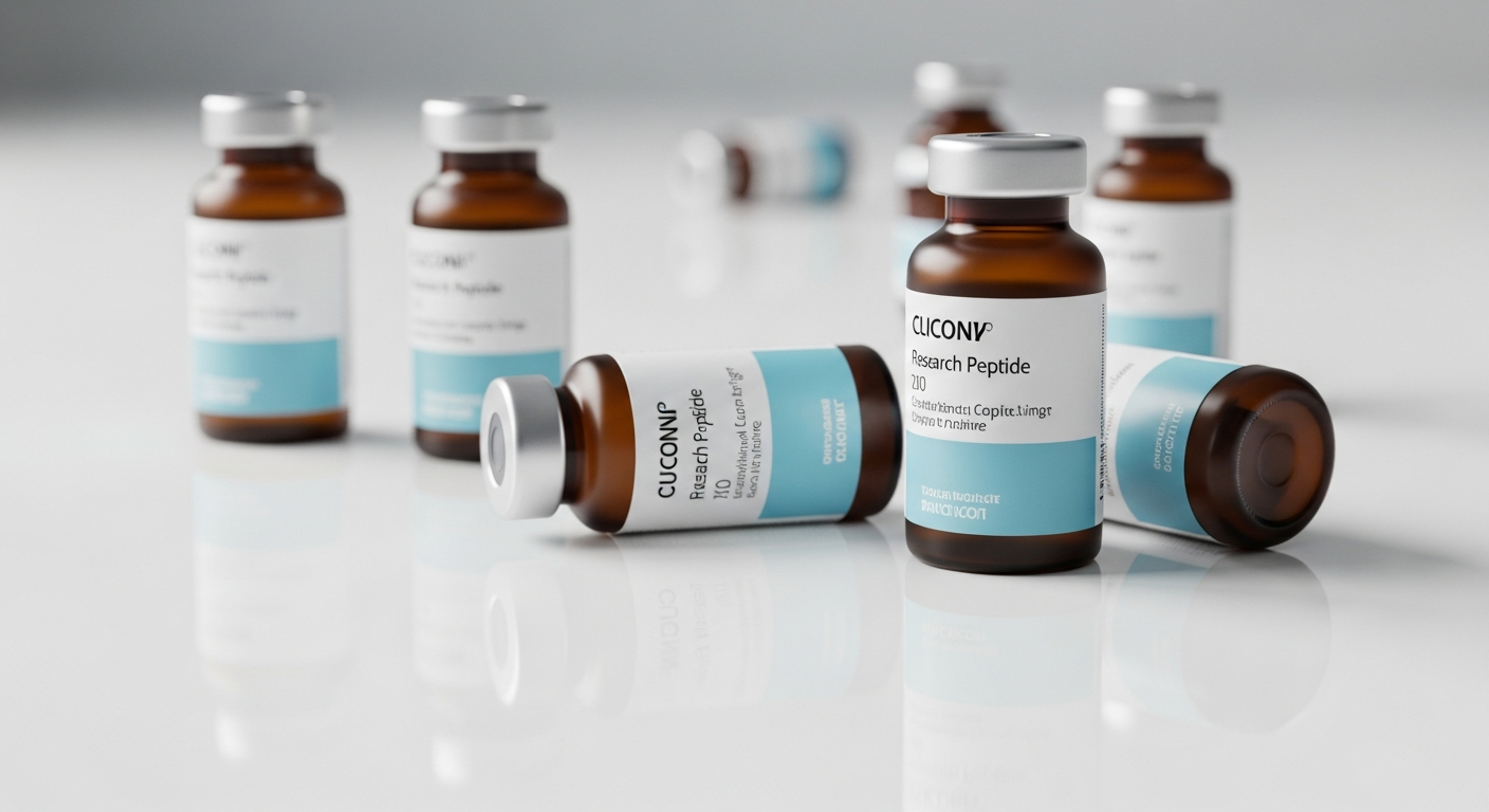 Branded research peptide vials with custom labels — clinical product photography