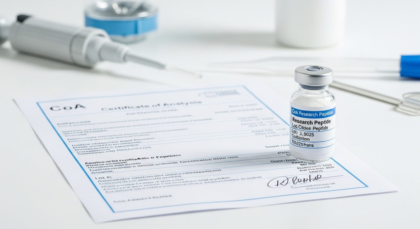 Certificate of Analysis next to a labeled research peptide vial — third-party tested
